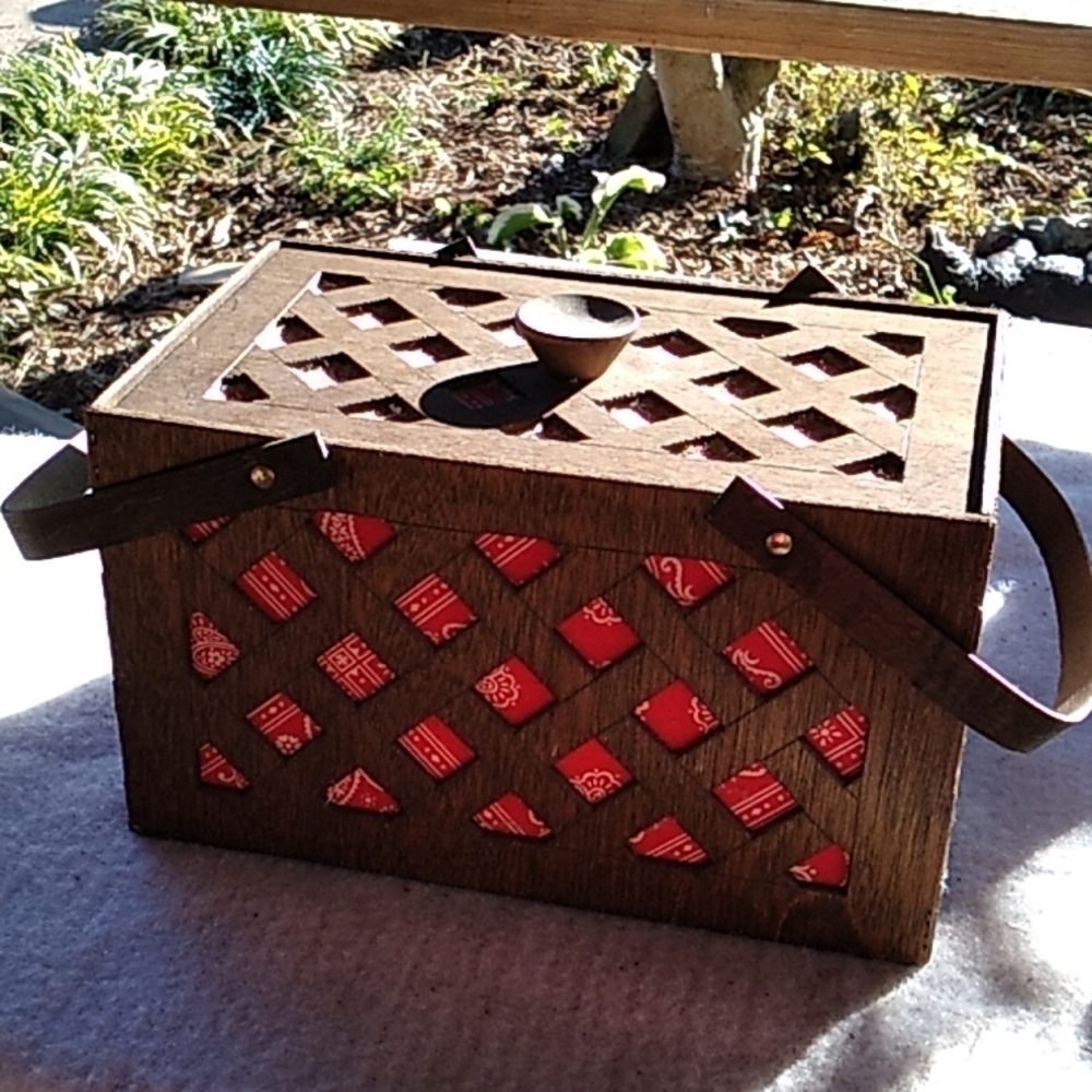 Vintage wood and red bandana sewing box